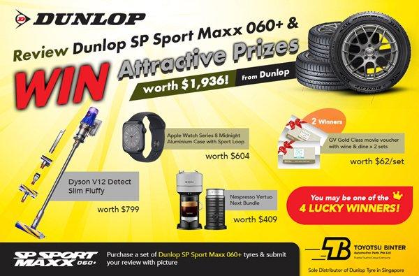 Purchase and review the Dunlop SP Sport Maxx 060+ and you could walk away with prizes worth up to $1,936